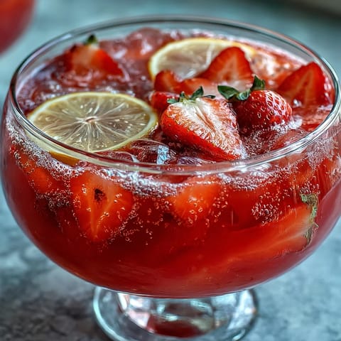 A vibrant Galentines Pink Lemonade Strawberry Punch served in a clear punch bowl with fresh strawberries and lemon slices floating on top.