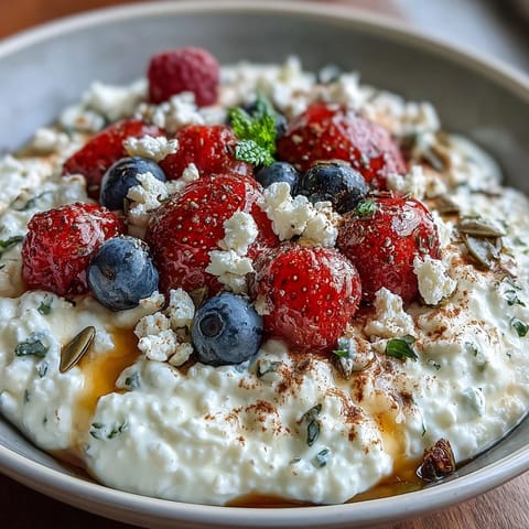 Creamy cottage cheese breakfast bowl topped with vibrant mixed berries and crunchy seeds for a nourishing morning meal.  