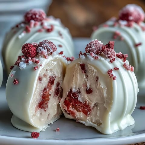 Decadent strawberry truffles with creamy white chocolate coating, garnished with freeze-dried strawberry powder for a romantic Valentine's Day dessert.