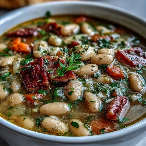 A comforting bowl of ham and Great Northern bean soup, brimming with tender beans and savory ham in a rich broth.