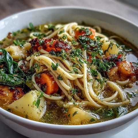 Cozy vegetable noodle soup filled with seasonal vegetables and soft pasta, perfect for warming up on chilly days.  
