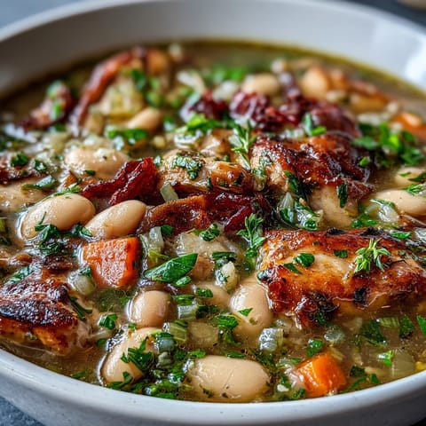 Aromatic smoked turkey and white bean soup brimming with fresh herbs, tender turkey, and creamy beans in a savory broth.