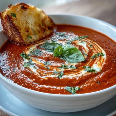Creamy tomato basil soup with sourdough dippers in a white bowl, garnished with fresh basil leaves and served with golden grilled bread strips.