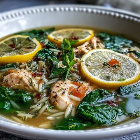 Hearty Lemon Chicken Orzo Soup with Spinach, featuring tender chicken, fresh greens, and a bright citrus finish in every spoonful.