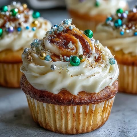 Mini King Cake Cupcakes with Colored Sugar are perfect for Mardi Gras, featuring cinnamon swirls and festive green, purple, and gold sugar sprinkles.