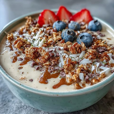 Creamy vanilla bean smoothie bowl topped with crunchy granola, fresh blueberries, and strawberries for a vibrant breakfast treat.