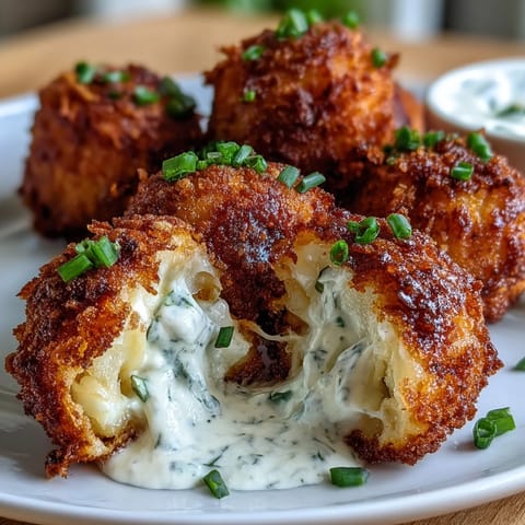 Golden-brown funeral potatoes croquettes in the air fryer, served hot with a side of creamy dipping sauce.  