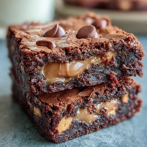 Decadent fudgy brownies baked with rich peanut butter cups for the ultimate dessert treat.