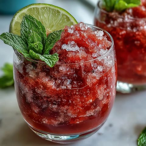 Chilled non-alcoholic strawberry lime drink blended with frozen fruit and topped with sparkling soda and sugared rim.  