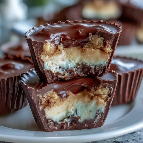 Protein-packed peanut butter cups with smooth Greek yogurt center, drizzled in melted dark chocolate for a healthy treat.