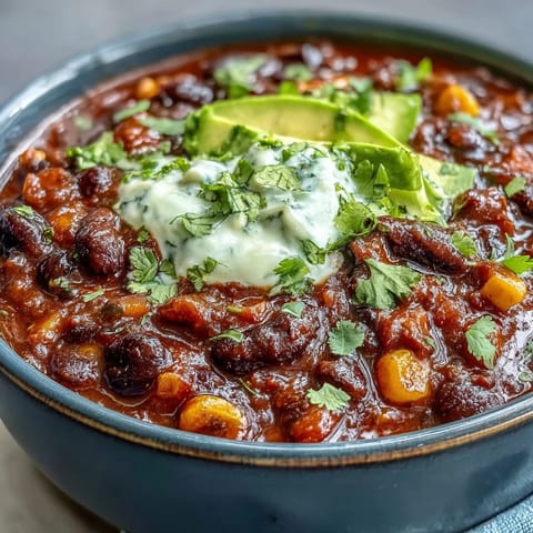 A vibrant vegetarian chili packed with black beans, sweet corn, and smoky spices, garnished with zesty lime crema.  