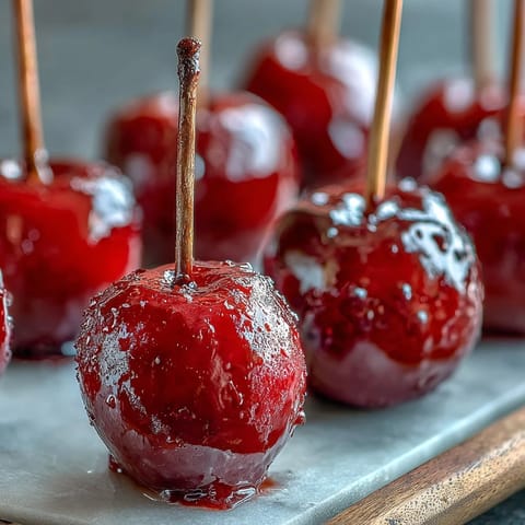 Mini candy apples on sticks, glistening red and ready for a fun kids' party treat.  