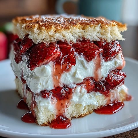 Classic Strawberry Shortcake with Biscuit Layers: golden biscuits layered with juicy strawberries and fluffy whipped cream, a perfect summer dessert.  