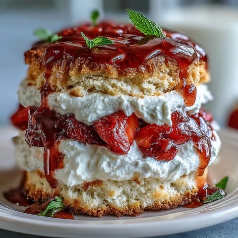 Classic Strawberry Shortcake with Biscuit Layers: buttery biscuit halves filled with macerated strawberries and sweet whipped cream for a refreshing treat.  