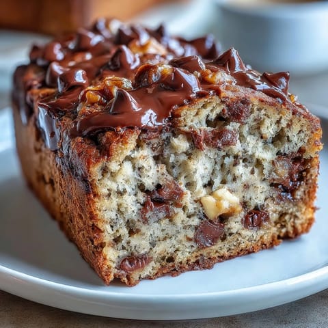 A golden slice of protein-packed banana bread with melted dark chocolate chips, perfect for breakfast or post-workout snacking.