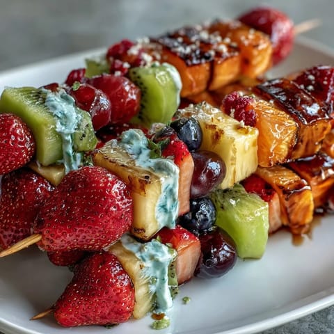 Colorful St. Patricks Day rainbow fruit kabobs arranged in festive order, paired with a refreshing honey-lime yogurt dip for a healthy treat.  