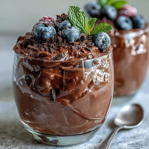 Silky chocolate mousse cups made with cottage cheese, topped with vibrant mixed berries for a refreshing, protein-rich dessert.