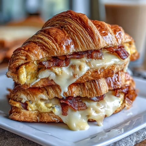 Buttery croissants stuffed with fluffy scrambled eggs and melted cheddar cheese for a satisfying breakfast treat.  