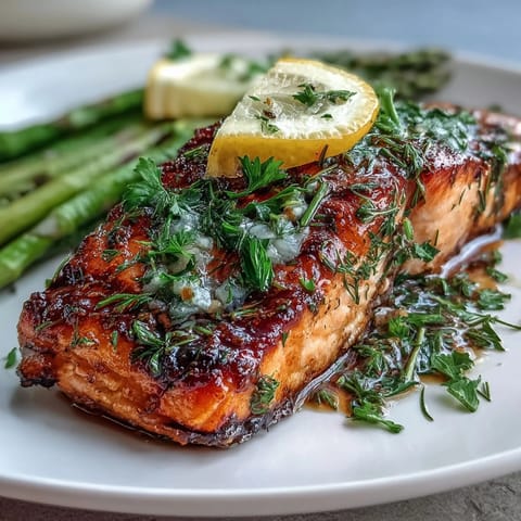 Herb roasted salmon with asparagus, tender and flaky, served with bright lemon slices and fresh dill.  