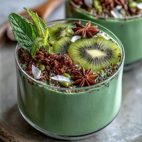 Creamy green smoothie bowl with spinach, avocado, and protein, topped with kiwi shamrock design and crunchy granola for a festive St. Patrick's Day breakfast.