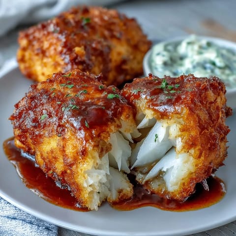 Crispy Southern fried catfish fillets with zesty remoulade sauce, golden brown and ready to serve.  