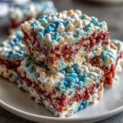 Chewy, colorful 4th of July Rice Krispies Treats stacked in festive red, white, and blue for a holiday dessert.