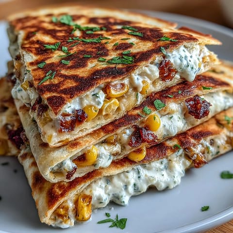 Cinco de Mayo Street Corn Quesadillas with Chipotle Crema sizzling in a skillet, golden cheese oozing out.
