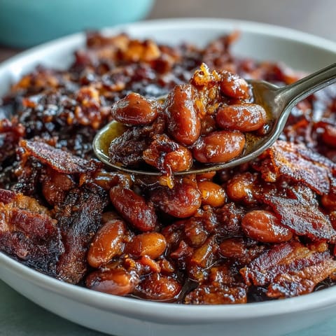 Hearty baked beans with crispy bacon, sweet brown sugar, and smoky paprika in a rich, tangy sauce.