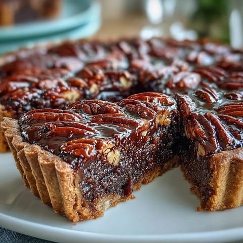 Decadent Kentucky Derby Chocolate Pecan Tart with glossy chocolate filling and crunchy pecans on a golden buttery crust.  