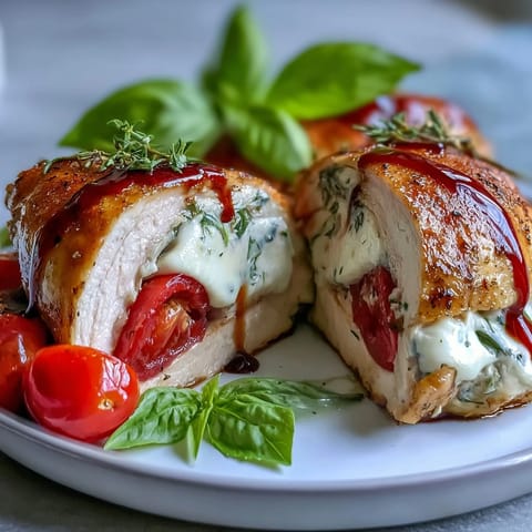 Caprese Stuffed Chicken Breast with melty mozzarella, juicy tomatoes, and fresh basil baked to golden perfection.