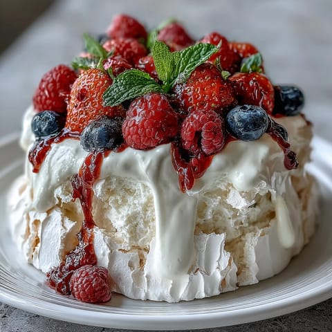 A crisp, golden pavlova crowned with fluffy whipped cream and vibrant fresh berries in every bite.
