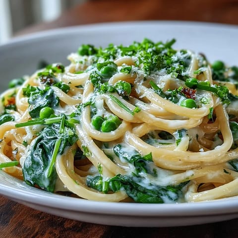 Creamy spring pasta with peas and lemon sauce in a skillet, garnished with Parmesan and chives, perfect for a light vegetarian dinner.