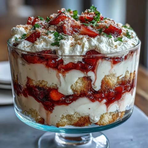 Juicy strawberries and fluffy cream top this beautiful Strawberry Shortcake Trifle.