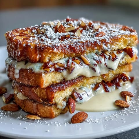Golden Almond Croissant French Toast piled high with crunchy toasted almonds.