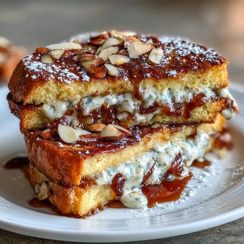 Decadent, crisp Almond Croissant French Toast served warm, dusted invitingly with sugar.