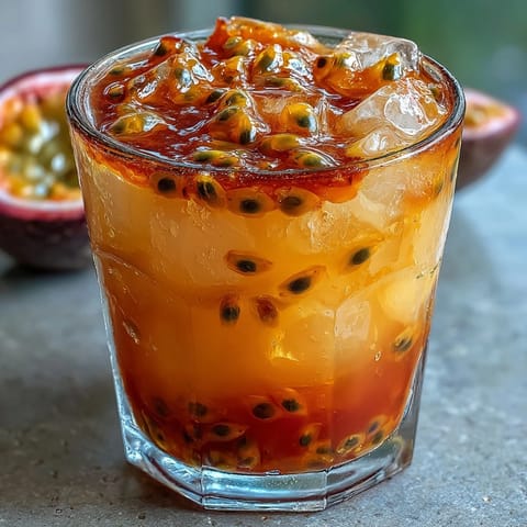 Tropical Sunrise Mocktail with passionfruit and orange juice, layered beautifully.