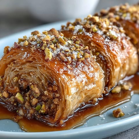 Golden Pistachio Baklava Rolls showcasing crisp layers and nutty filling.