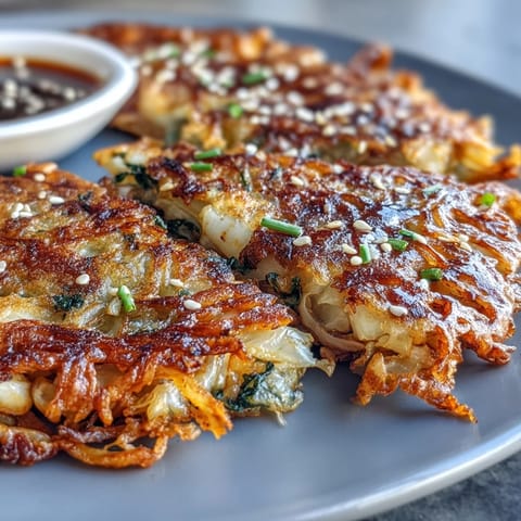Crispy Cabbage Kimchi Pancakes: golden brown, savory Korean delights with a spicy kimchi kick.