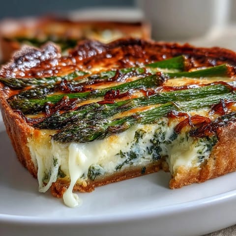 Golden brown Spring Asparagus Quiche with melted Gruyère, ready to serve.