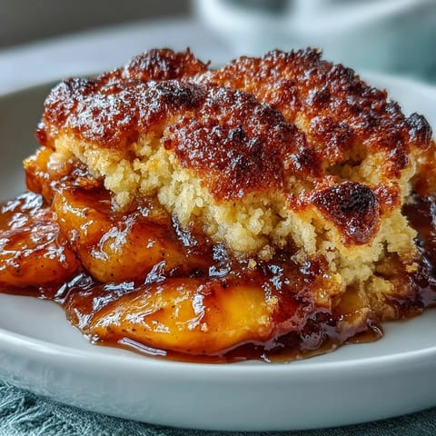 Golden peach cobbler topped with fluffy, baked biscuit crust, a warm Southern delight.