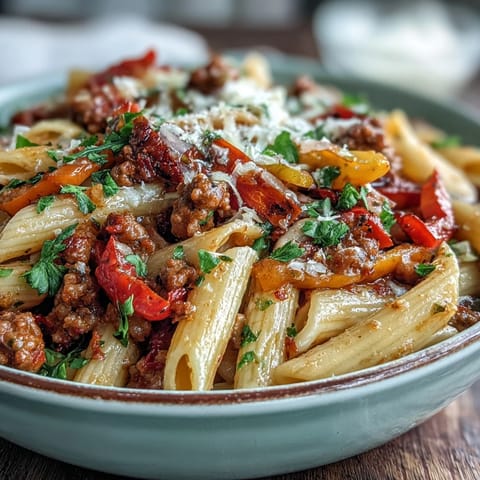 Golden penne pasta tossed with spicy sausage, vibrant bell peppers, and Parmesan.
