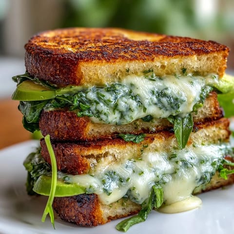 Green Goddess grilled cheese sandwich with melted provolone and fresh avocado.