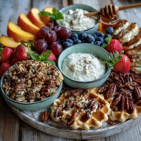 Sweet and fruity Peach Cobbler Breakfast Grazing Board, piled high with fresh toppings.