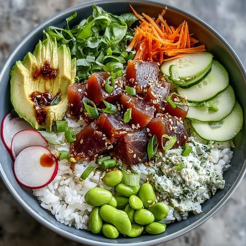 Vibrant canned tuna poke bowl with fresh veggies over sushi rice.