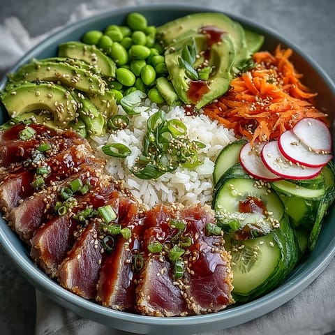 Colorful canned tuna poke bowl, easy 15-minute meal with zesty dressing.