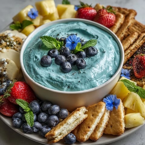 Vibrant Cool Blue Lemonade Dessert Board bursting with fruity, creamy, and sweet treats.