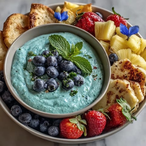 A beautifully arranged Cool Blue Lemonade Dessert Board showcasing refreshing fruits and cookies.