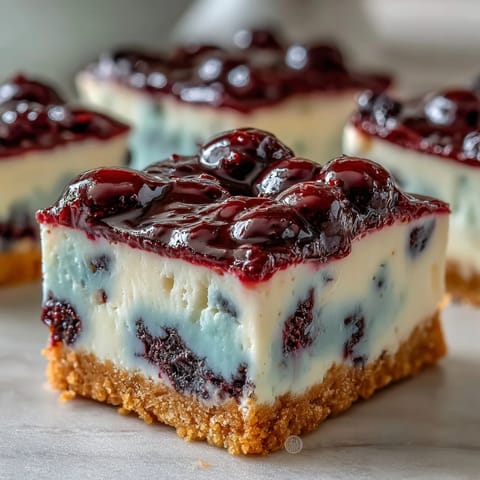 Delicious no-bake lemon blueberry cheesecake bars, perfect for dessert.