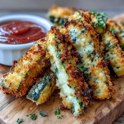 Golden crispy Parmesan zucchini fries baked to perfection, ready for dipping.