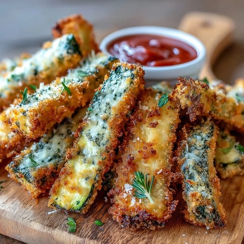 Juicy zucchini fries, coated in seasoned Parmesan, making a delicious appetizer.